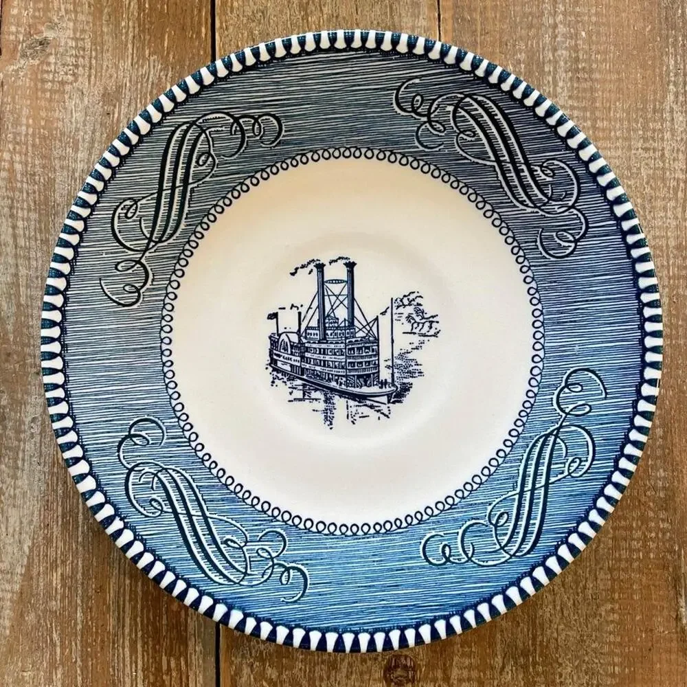 Currier And Ives Blue and White Steamboat Saucer Plates